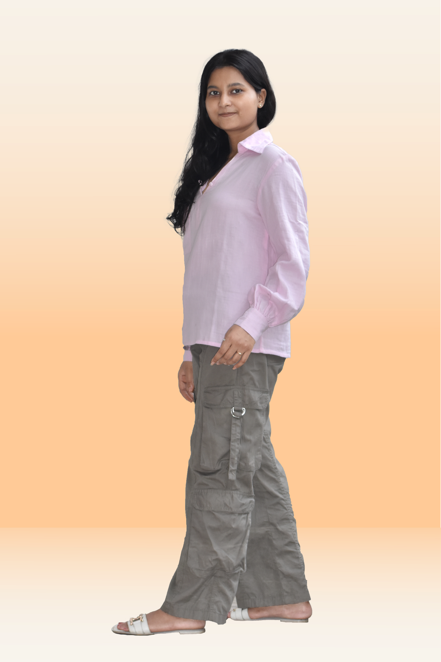 Soft Pink Cotton Casual Top with Balloon Sleeves