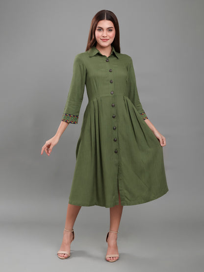 Olive Green Hand-Painted Cuff Detail Shirt Dress