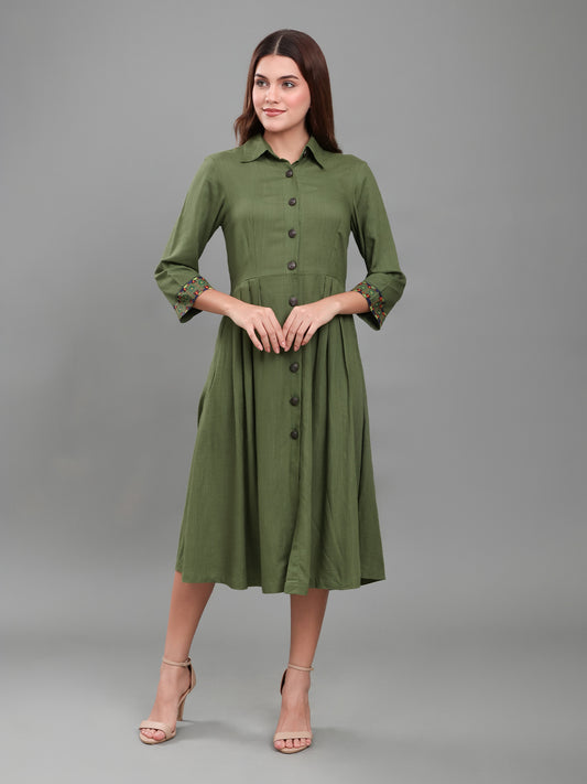 Olive Green Hand-Painted Cuff Detail Shirt Dress