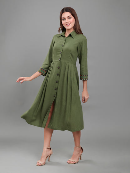 Olive Green Hand-Painted Cuff Detail Shirt Dress