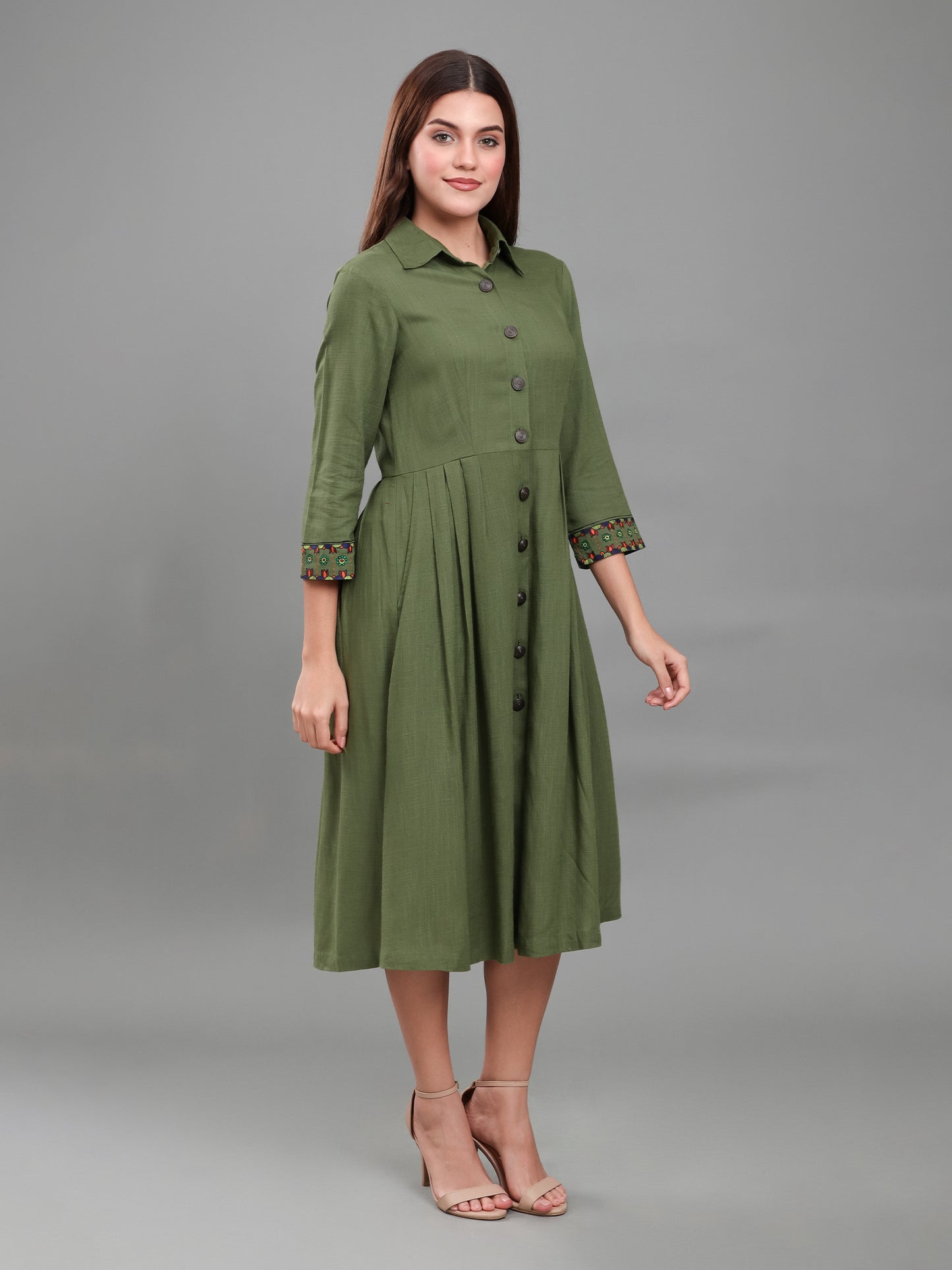 Olive Green Hand-Painted Cuff Detail Shirt Dress