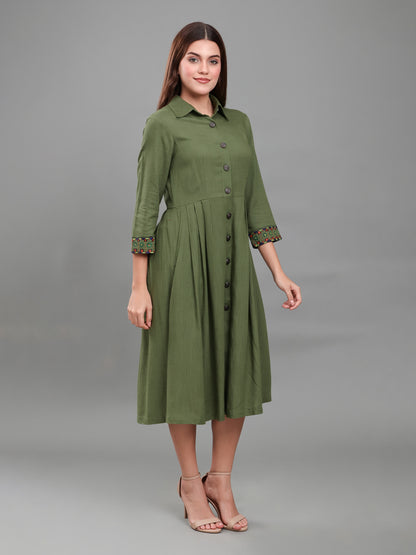 Olive Green Hand-Painted Cuff Detail Shirt Dress