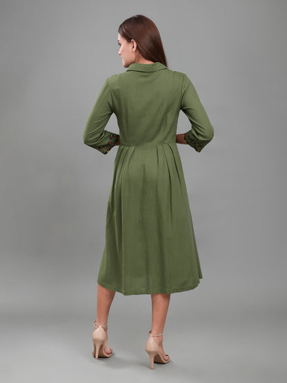 Olive Green Hand-Painted Cuff Detail Shirt Dress