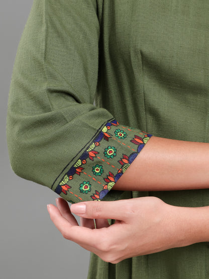 Olive Green Hand-Painted Cuff Detail Shirt Dress