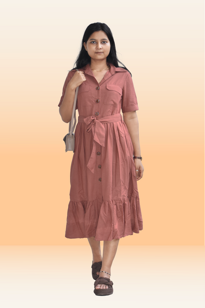 Rust Brown Button-Down Midi Dress with Waist Tie