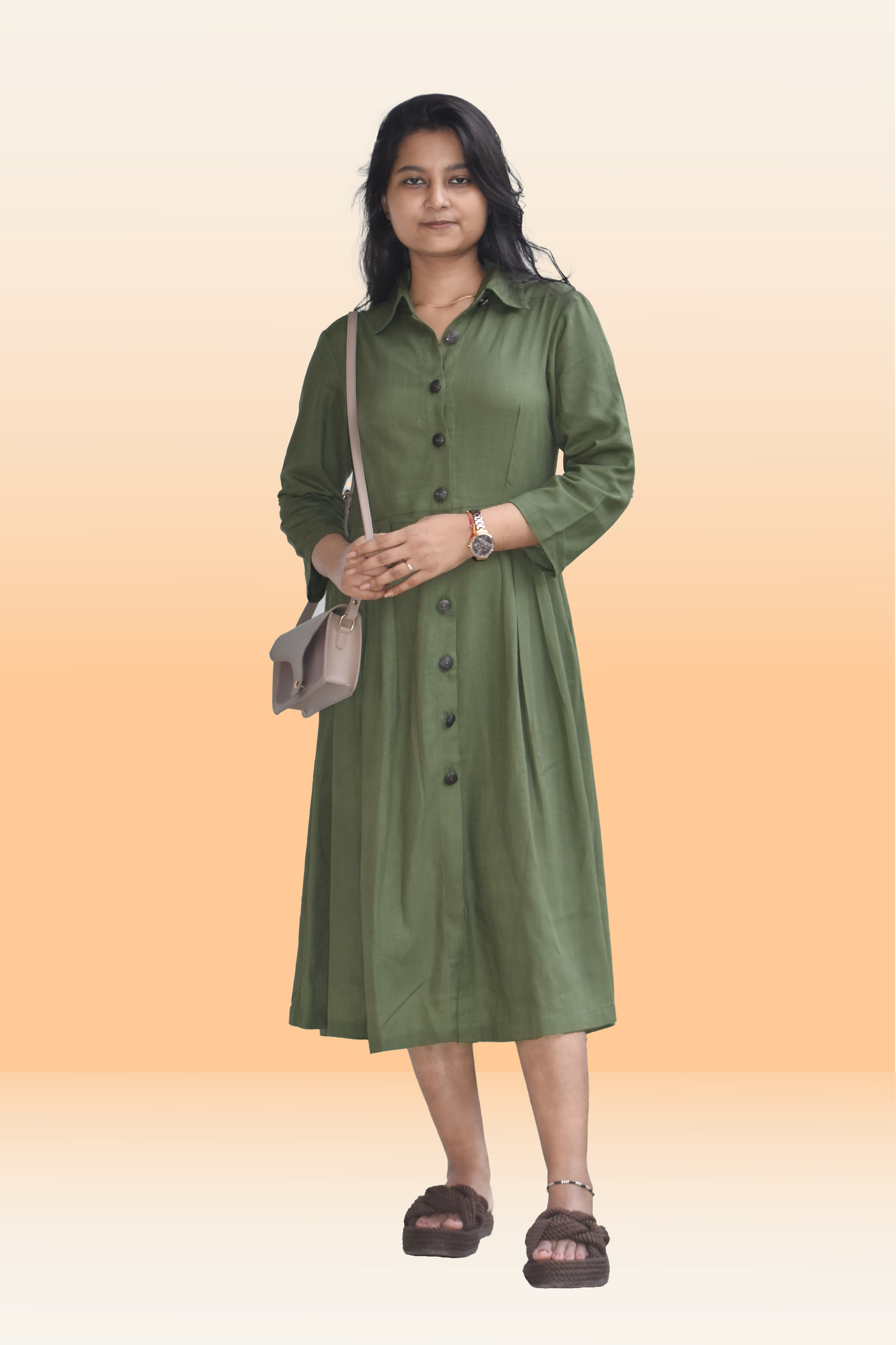 Olive Green Button-Down Midi Dress