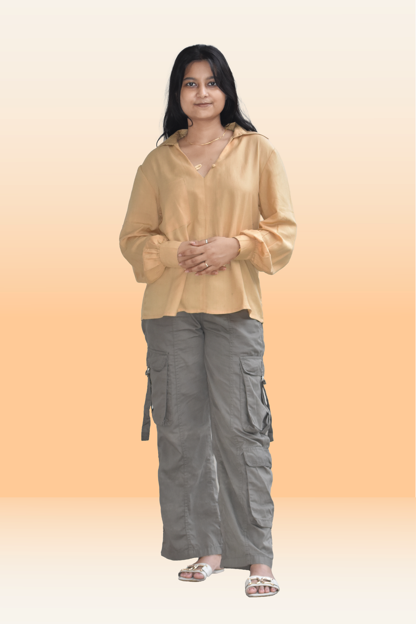 Beige Glow Mustard Casual Top Balloon Sleeves