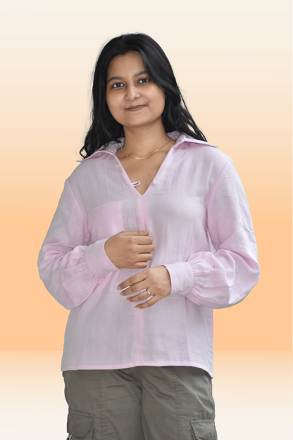 Soft Pink Cotton Casual Top with Balloon Sleeves
