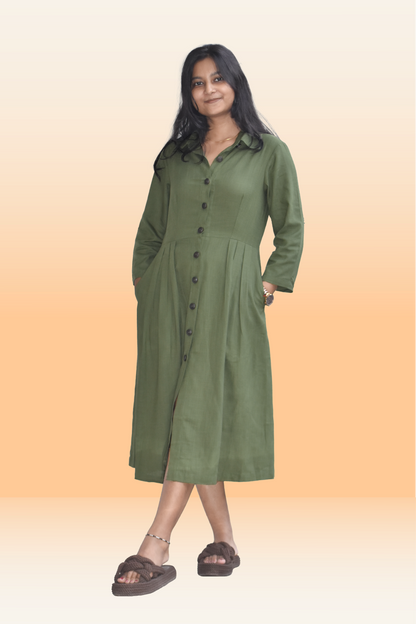 Olive Green Button-Down Midi Dress