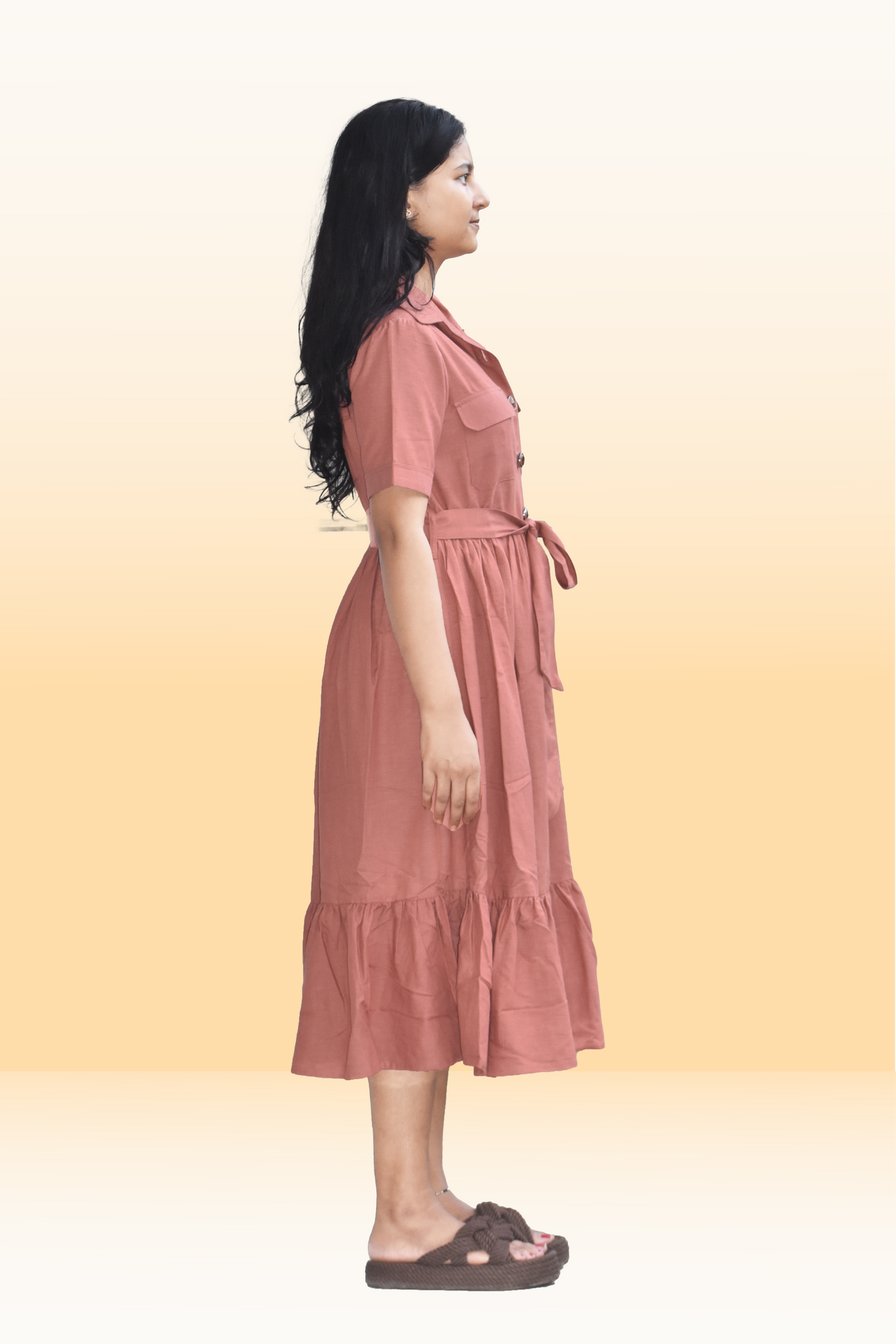 Rust Brown Button-Down Midi Dress with Waist Tie