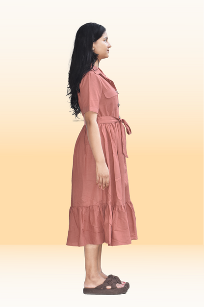 Rust Brown Button-Down Midi Dress with Waist Tie