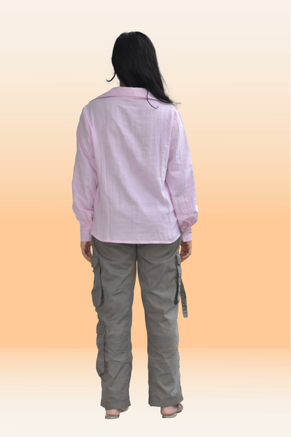 Soft Pink Cotton Casual Top with Balloon Sleeves