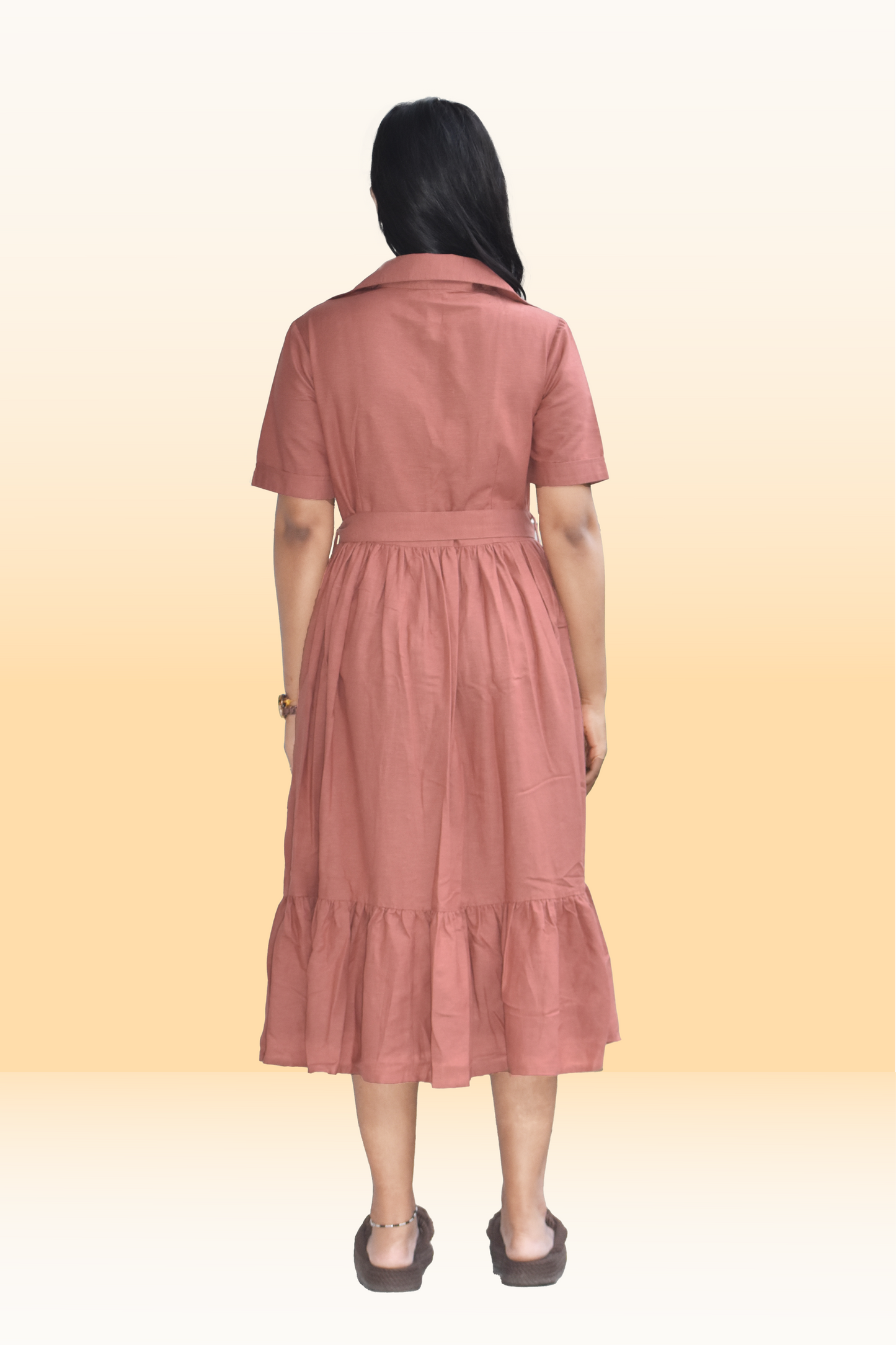 Rust Brown Button-Down Midi Dress with Waist Tie