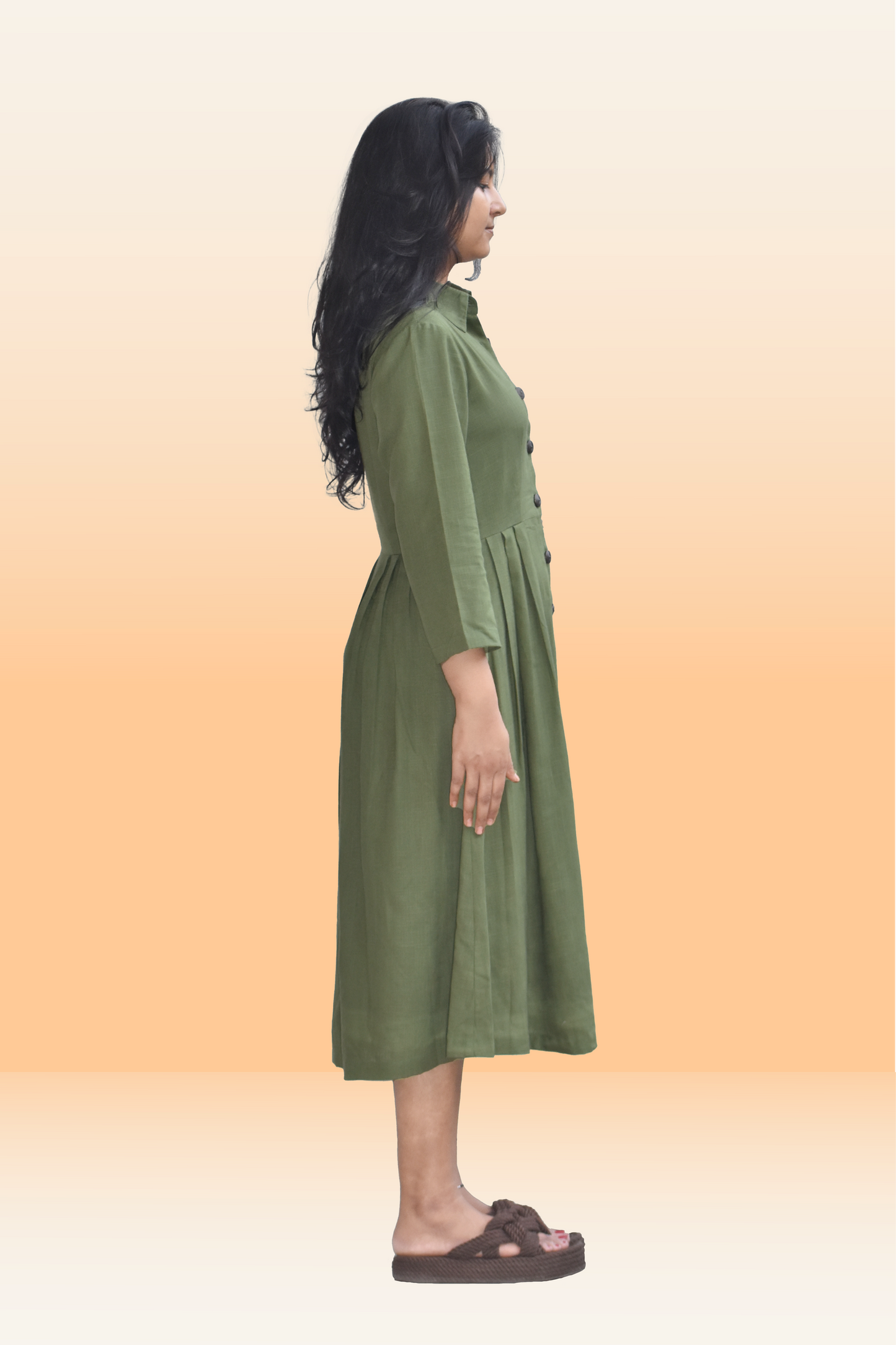 Olive Green Button-Down Midi Dress