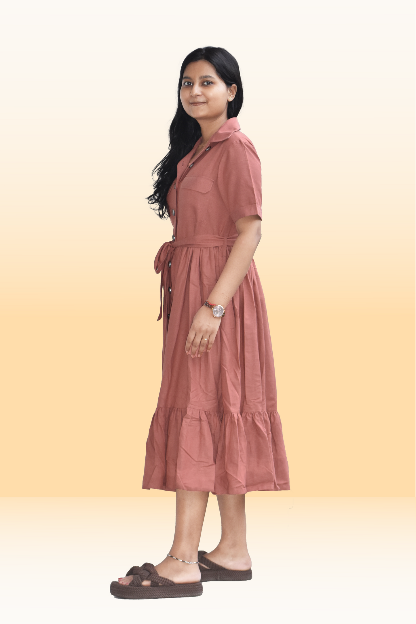 Rust Brown Button-Down Midi Dress with Waist Tie