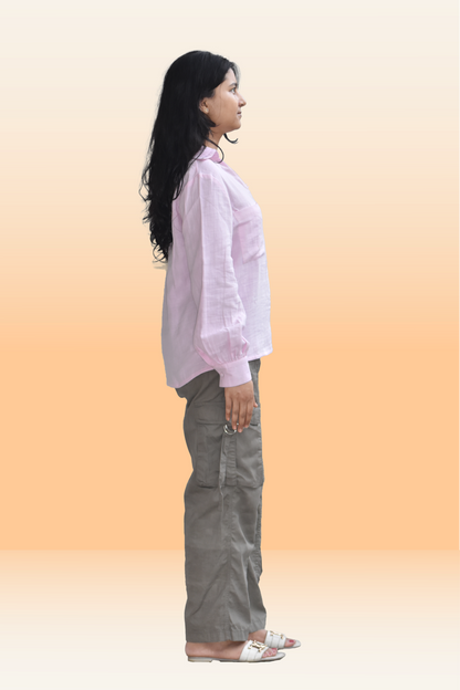 Soft Pink Cotton Casual Top with Balloon Sleeves