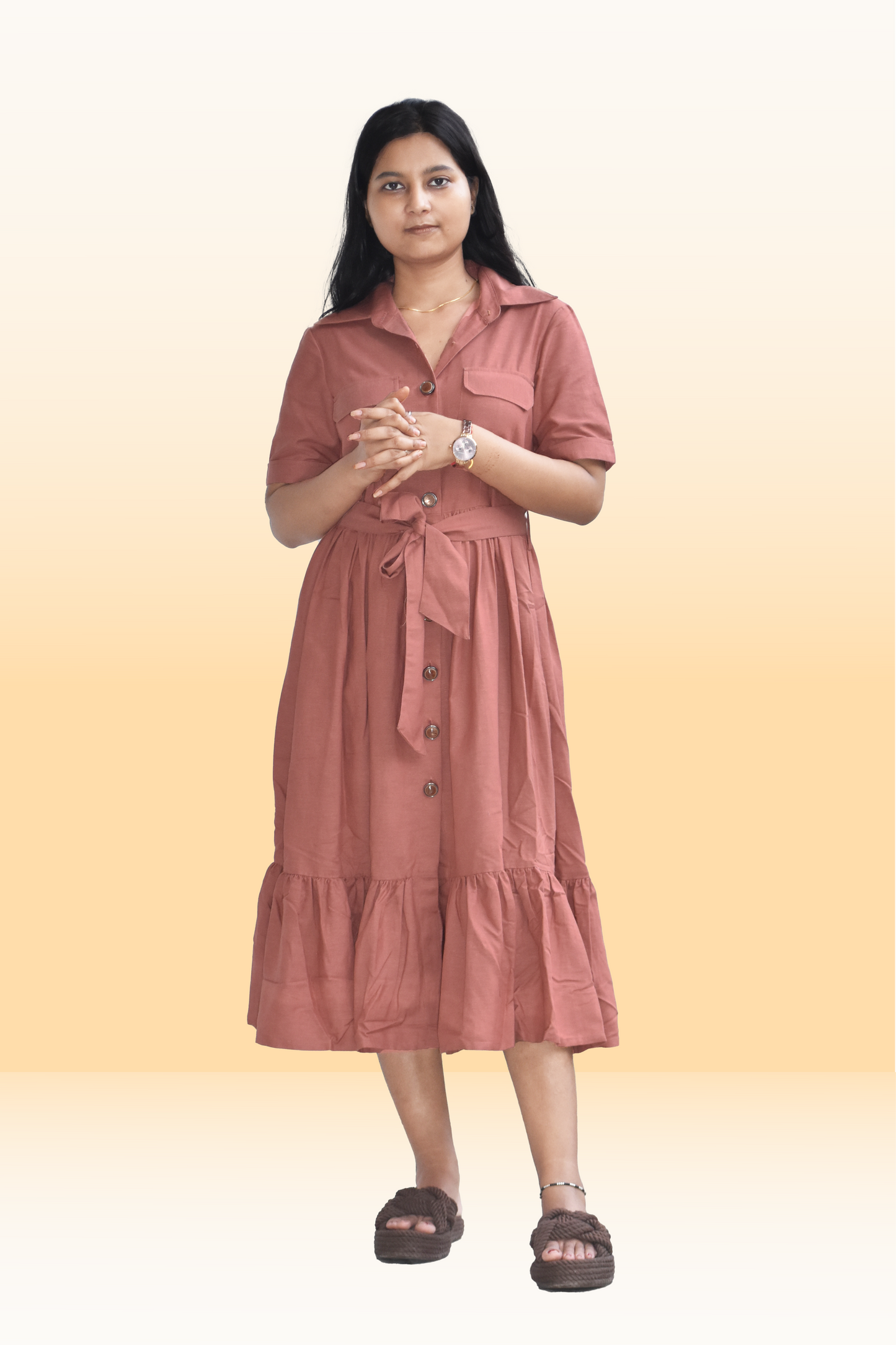 Rust Brown Button-Down Midi Dress with Waist Tie