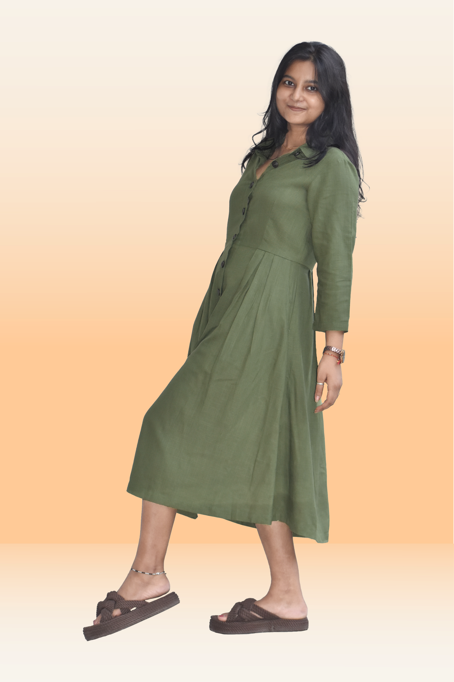 Olive Green Button-Down Midi Dress